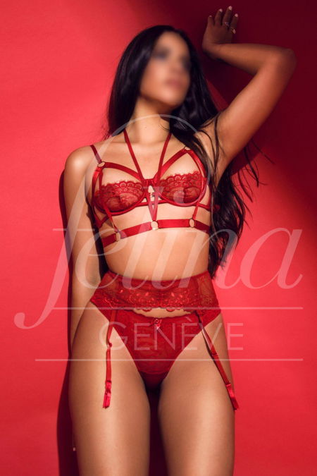 Eaux Vives escort in red erotic lingerie for GFE and Girlfriend Experience in Geneva